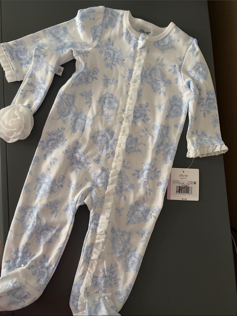 Little Me White and Light Blue Floral Ruffle Footed One-Piece